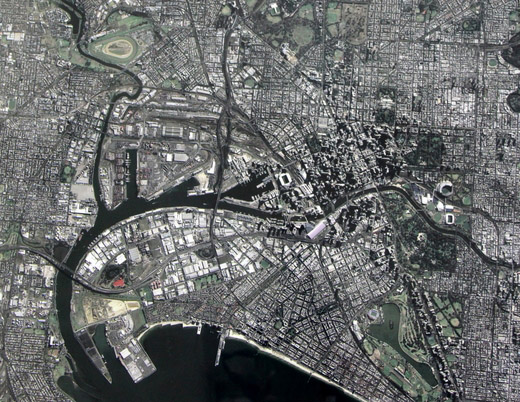  Toàn cảnh Thành phố Melbourne, Australia, do vệ tinh VNREDSat-1 chụp ngày 9-5 (chụp từ màn hình). Ảnh: VGP