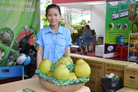 Sản phẩm của HTX bưởi Hương miền Tây (Bến Tre) tại MDEC -Tiền Giang 2013. Ảnh: Vân Anh