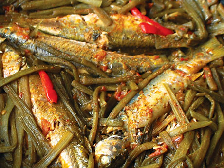 Hương vị con cá đối với dưa môn muối như có duyên nhau trong nồi kho.