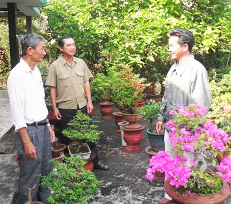 Các nghệ nhân Hội Sinh vật cảnh xã Đạo Thạnh, TP. Mỹ Tho đang trao đổi kinh nghiệm.