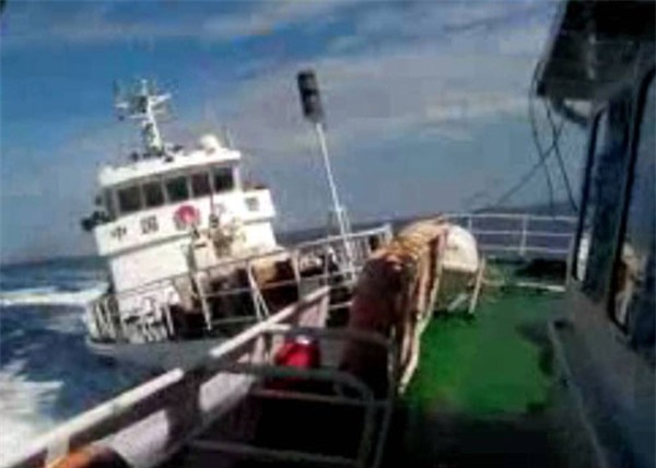Tàu Hải Cảnh Trung Quốc chủ động húc đẩy, đâm va với tốc độ cao, với góc tiếp cận lớn vào tàu Kiểm ngư Việt Nam. (Ảnh: Cục Kiểm ngư). 