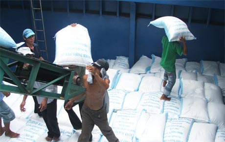 Chuyển gạo xuống sà lan để xuất khẩu.