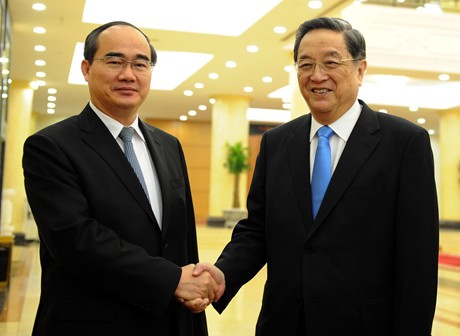 Chủ tịch UBTW MTTQ Việt Nam Nguyễn Thiện Nhân và  Uỷ viên Thường vụ Bộ chính trị, Chủ tịch Chính hiệp toàn quốc Trung Quốc Du Chính Thanh. Ảnh: VGP/Từ Lương