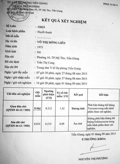 Phiếu xét nghiệm của Trung tâm Y tế dự phòng tỉnh.