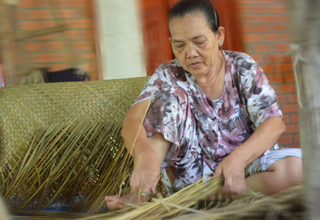 Bà Lê Thị Mãi (65 tuổi, xã Tân Hòa Đông) làm nghề đương đệm bàng từ khi 10 tuổi. Bà cho biết: Nhờ trồng bàng, đương đệm mà bà đã thay chồng nuôi các con khôn lớn.