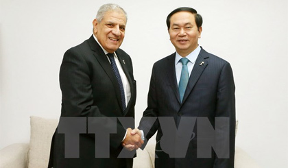 Chủ tịch nước Trần Đại Quang tiếp Trưởng đoàn Ai Cập Ibrahim Mahlab. Ảnh: Nhan Sáng/TTXVN