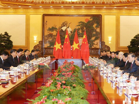 Tổng Bí thư Nguyễn Phú Trọng hội đàm với Tổng Bí thư, Chủ tịch nước Trung Quốc Tập Cận Bình. Ảnh: Trí Dũng/TTXVN