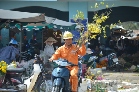 Chú thợ điện tranh thủ ra ca trực mua những nhanh mai về  cho kịp Tết 