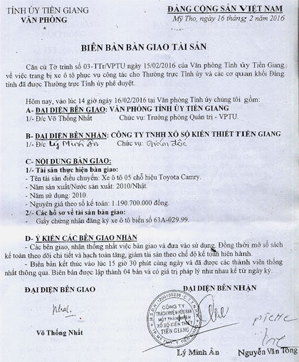 Biên bản bàn giao xe của Văn phòng Tỉnh ủy cho Công ty TNHH MTV Xổ số Kiến thiết Tiền Giang ngày 16-2-2016.