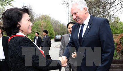Chủ tịch Quốc hội Nguyễn Thị Kim Ngân gặp Phó Chủ tịch Quốc hội Hungary Jakab Istvan. Ảnh Trọng Đức/TTXVN