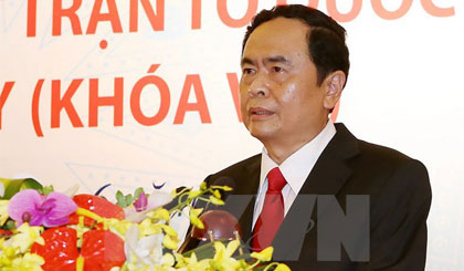 Ông Trần Thanh Mẫn phát biểu sau hội nghị hiệp thương được bầu chức vụ Chủ tịch Ủy ban Trung ương Mặt trận Tổ quốc Việt Nam khóa VIII. (Ảnh: Nguyễn Dân/TTXVN)