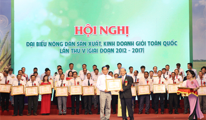 Phó Thủ tướng Trương Hòa Bình trao Bằng khen của Thủ tướng Chính phủ cho các nông dân tiêu biểu trong phong trào nông dân sản xuất, kinh doanh giỏi. Ảnh: VGP/Lê Sơn 