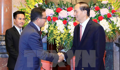 Chủ tịch nước Trần Đại Quang tiếp đoàn đại biểu các Hội Chữ thập đỏ-Trăng lưỡi liềm đỏ quốc tế, khu vực. Ảnh: Nhan Sáng/TTXVN
