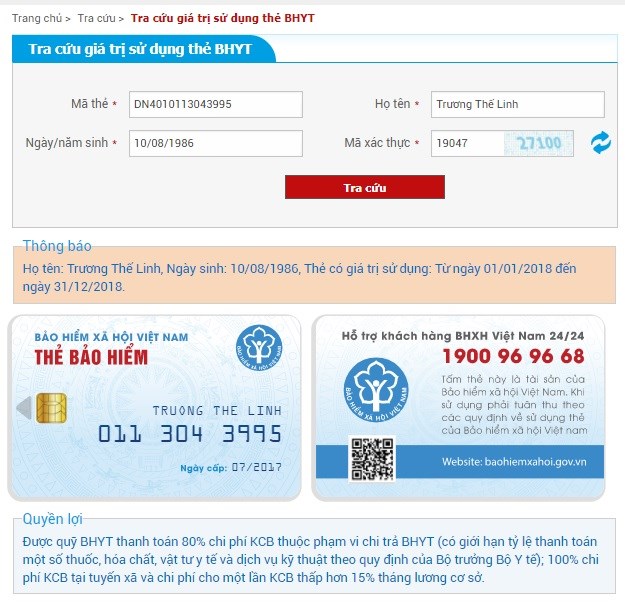 Thông tin về một chủ thẻ bảo hiểm y tế sau khi được tra cứu. (Nguồn: baohiemxahoi.gov.vn)