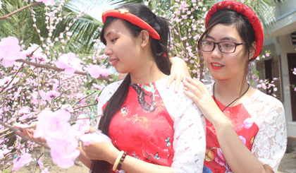 Thiếu nữ bên vườn đào Bách Nhật Hoa Viên.