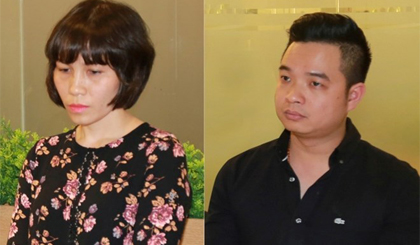 Bị can Châu Nguyên Anh (mặc áo hoa) và bị can Phạm Quang Minh. Nguồn: Bộ Công an