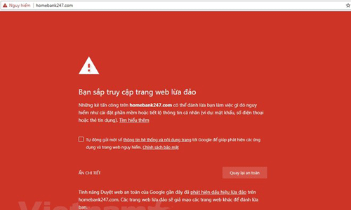 Giao diện trang web do Vietcombank cảnh báo vào sáng 10/5. (Ảnh chụp màn hình)