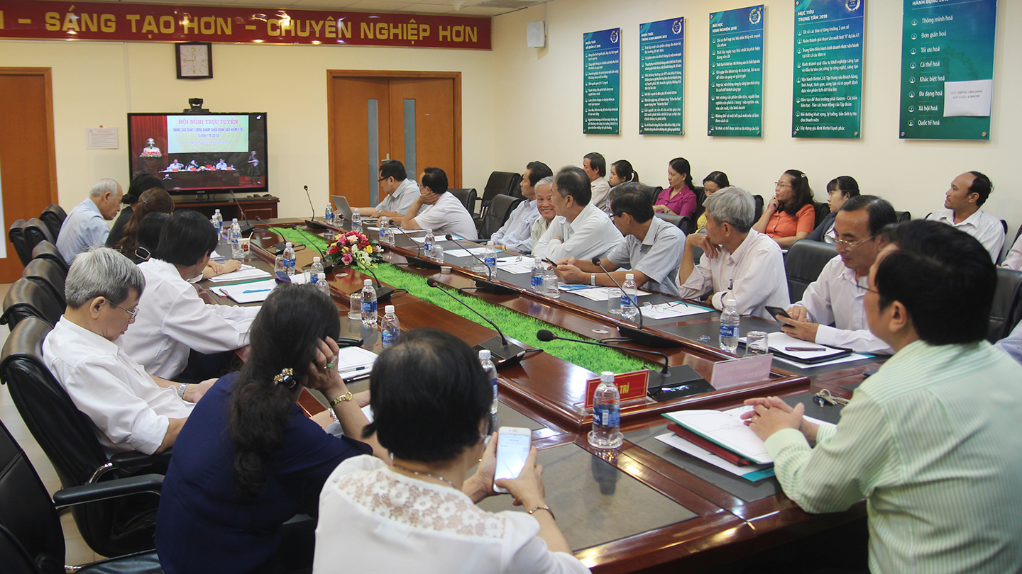 Quang cảnh hội nghị tại điểm cầu tỉnh Tiền Giang.