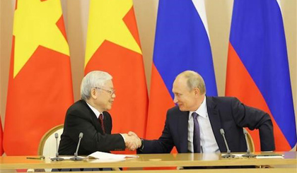 Tổng Bí thư Nguyễn Phú Trọng cùng Tổng thống Liên bang Nga Vladimir Putin gặp gỡ và phát biểu với báo chí sau hội đàm. Ảnh: Trí Dũng/TTXVN