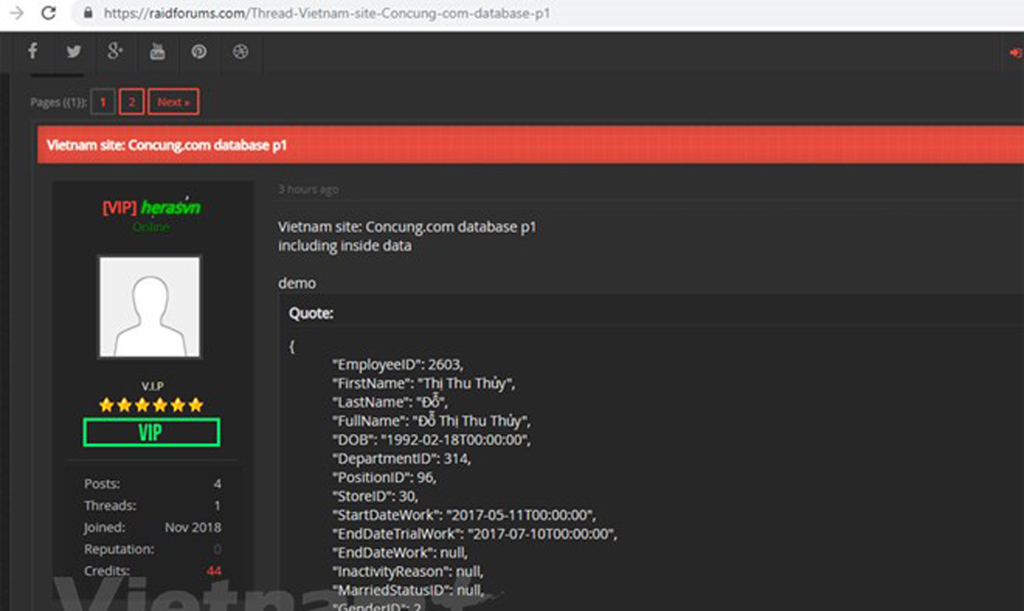 Hình ảnh chụp màn hình hacker đăng tải trên diễn đàn. (Ảnh: Vietnam+)