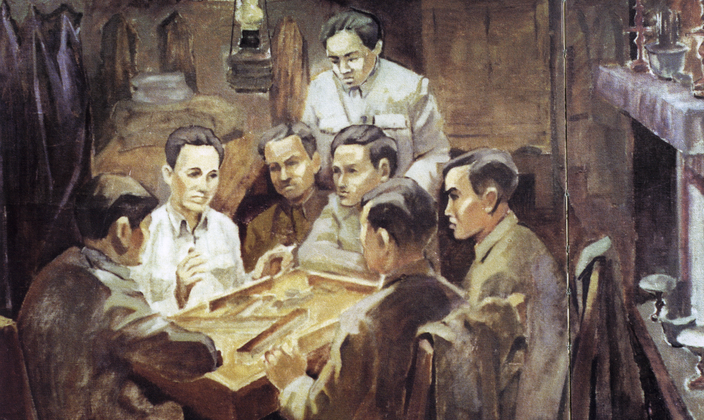 Ký họa Hội nghị thành lập Đảng Cộng sản Việt Nam năm 1930 tại Hương Cảng (Trung Quốc).