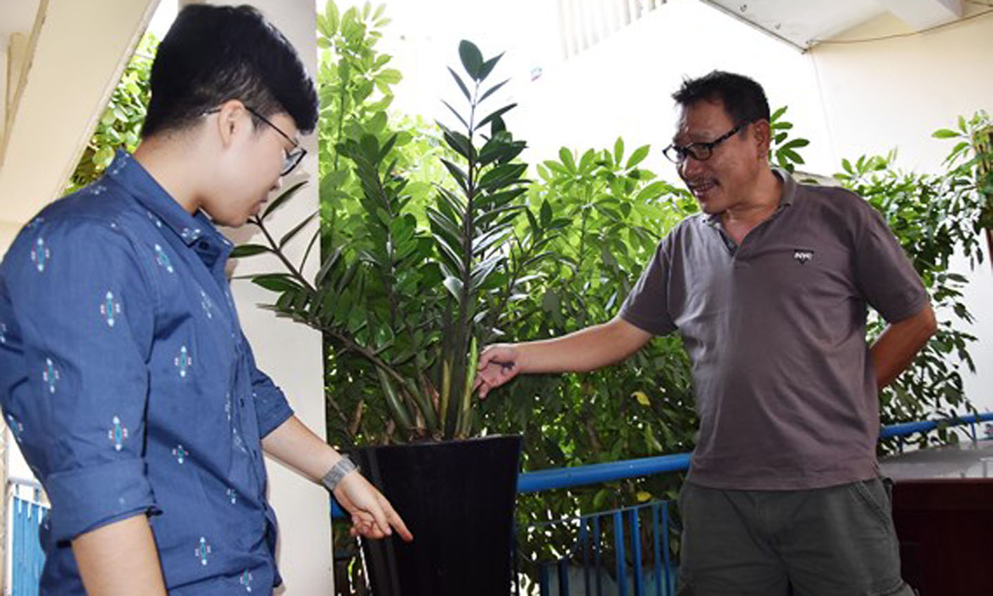 Nhà sáng chế “chân đất” Nguyễn Quang Ngọc (bìa phải) và cộng sự bên những cây lên xanh tốt với chậu trồng cây không cần tưới