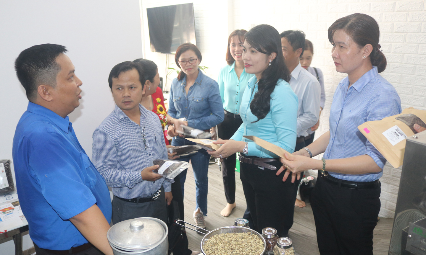Nhân Tháng Thanh niên năm 2019, Bí thư Tỉnh đoàn Nguyễn Thị Uyên Trang (thứ 2 từ phải sang) đến khảo sát và trao đổi với anh Nguyễn Nguyên Đăng, Chủ nhiệm Tổ hợp tác Cà Phê Xanh, một trong những mô hình khởi nghiệp của ĐV-TN. Ảnh: P.T