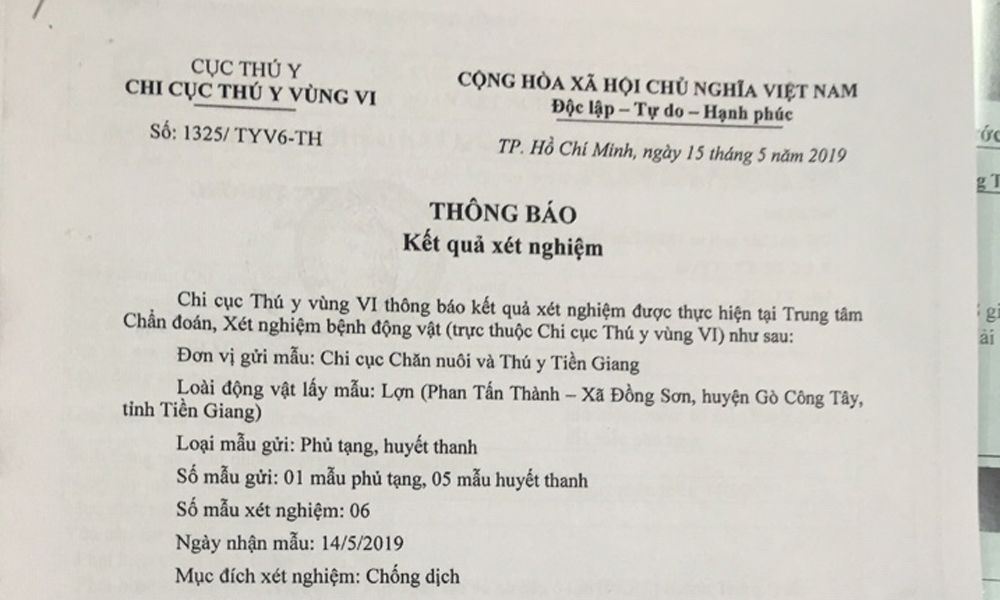 Kết quả xét nghiệm của Chi cục Thú y vùng VI. 