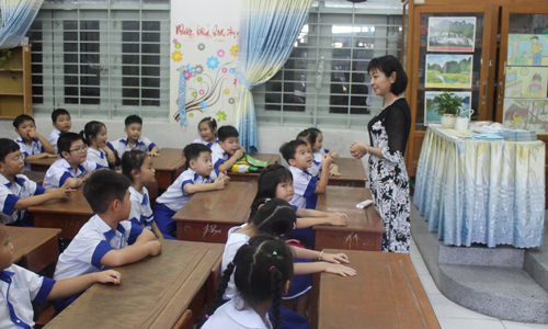 Học sinh Trường Tiểu học Thủ Khoa Huân, TP. Mỹ Tho gặp gỡ giáo viên năm học mới. 