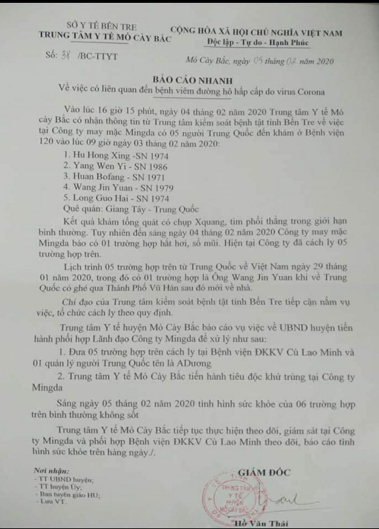 Báo cáo của Trung tâm Y tế Mỏ Cày Bắc, tỉnh Bến Tre