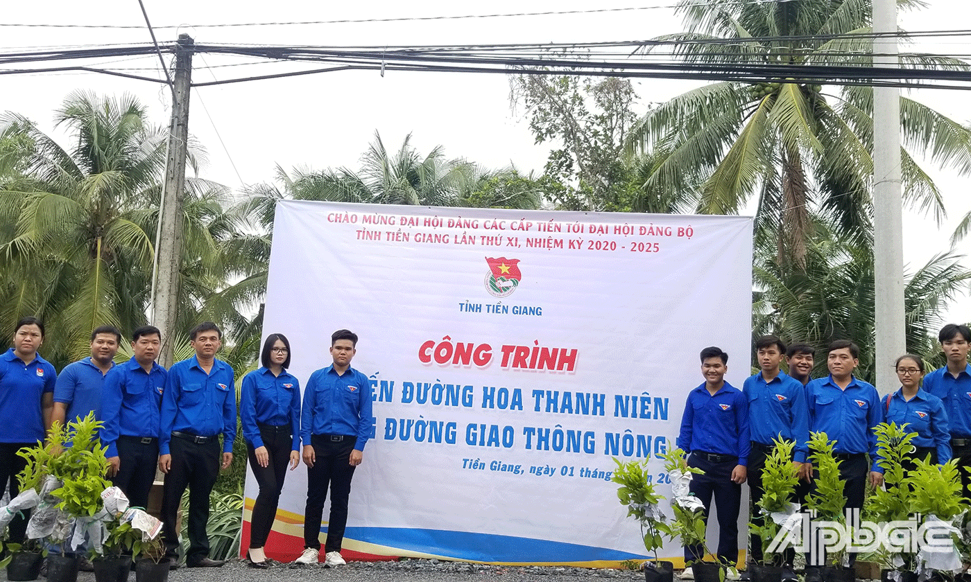 thực hiện công trình tuyến đường hoa thanh niên và thắp sáng đường giao thông nông thôn tại xã Mỹ Tịnh An, huyện Chợ Gạo