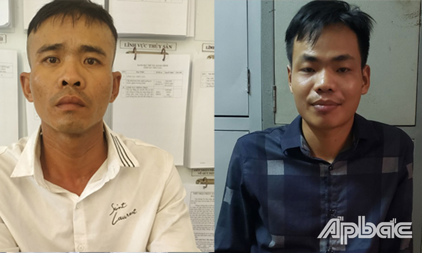 Đối tượng Duy (trái) và Huy (phải) tại cơ quan điều tra.