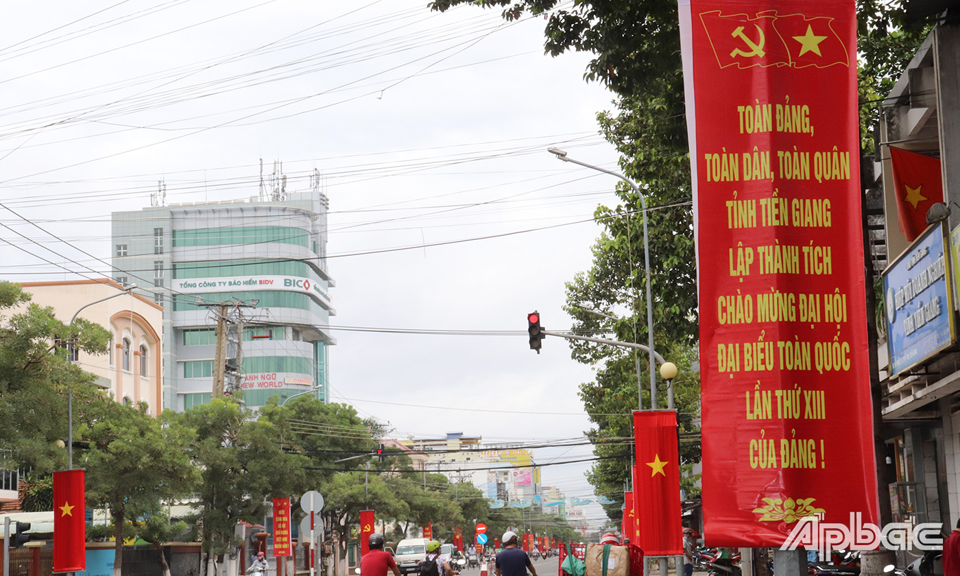 Rực rõ cờ chào mừng Đại hội Đảng bộ tỉnh Tiền Giang trên đường Nam Kỳ Khởi Nghĩa (TP. Mỹ Tho).