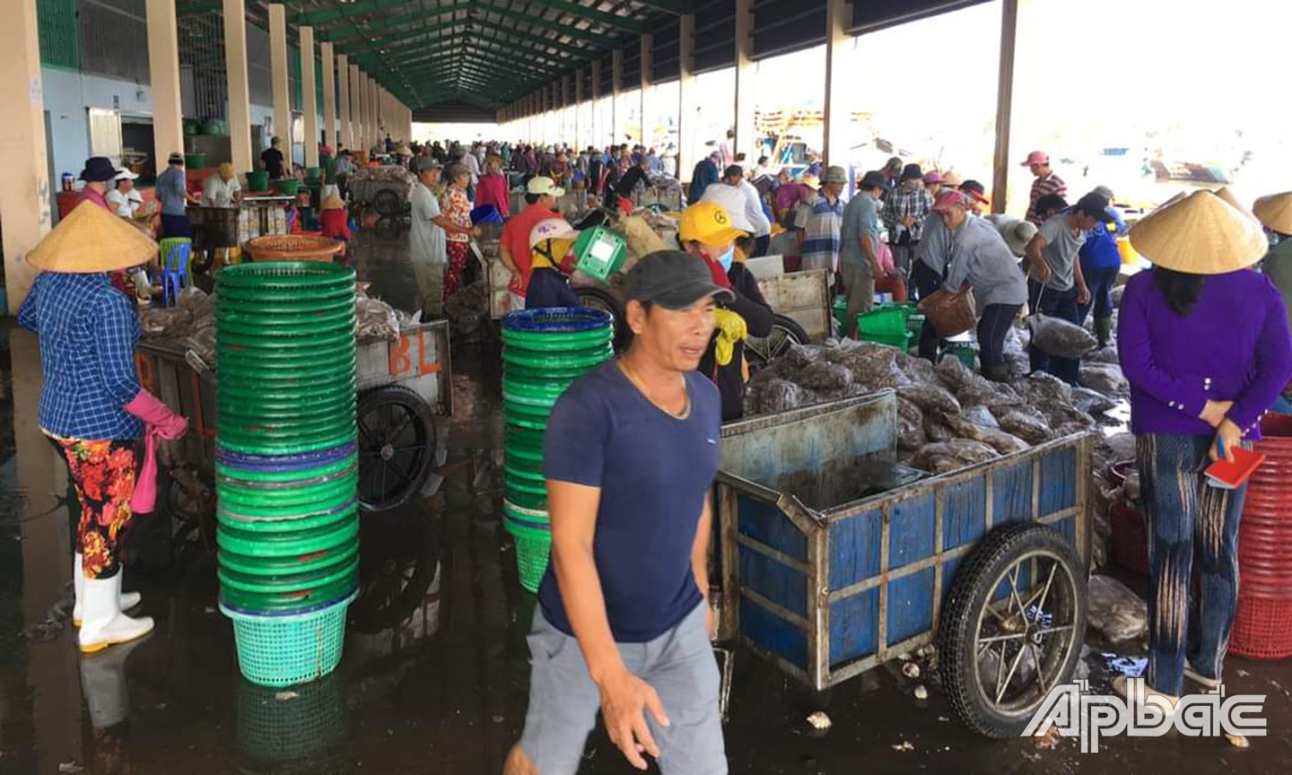 Hoạt động mua bán diễn ra tấp nập tại Cảng cá Vàm Láng.