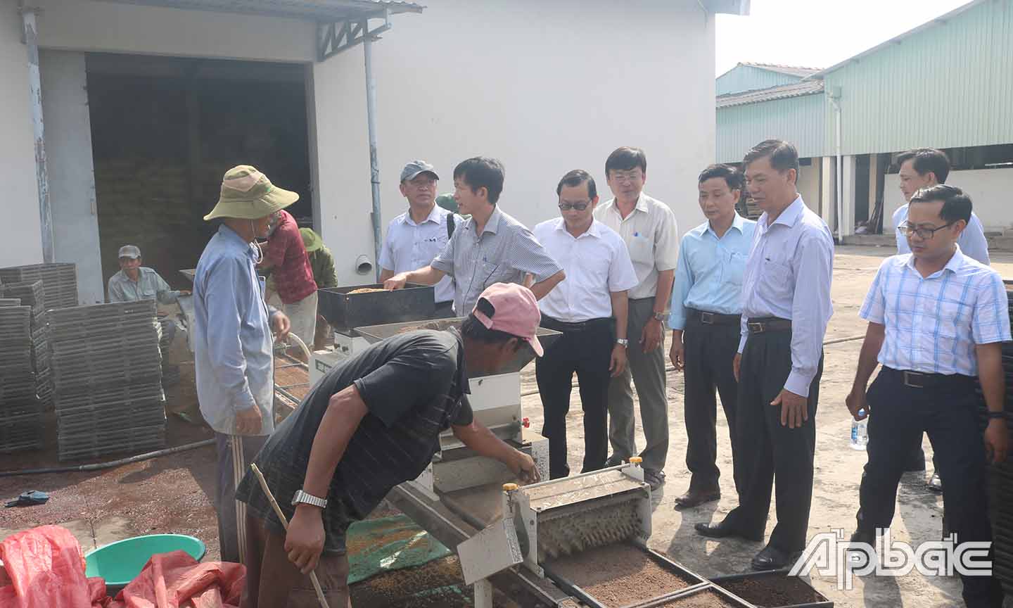 Đoàn tham quan dây chuyền sạ lúa vào khuôn tự động tại Trại thực nghiệm và dịch vun nông nghiệp lúa Vĩnh Hựu.