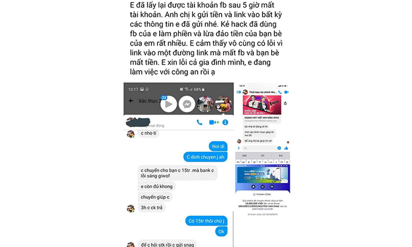 Chị Đặng Hương (Hà Nội) bị kẻ gian chiếm đoạt tài khoản facebook và lừa tiền của nhiều người.