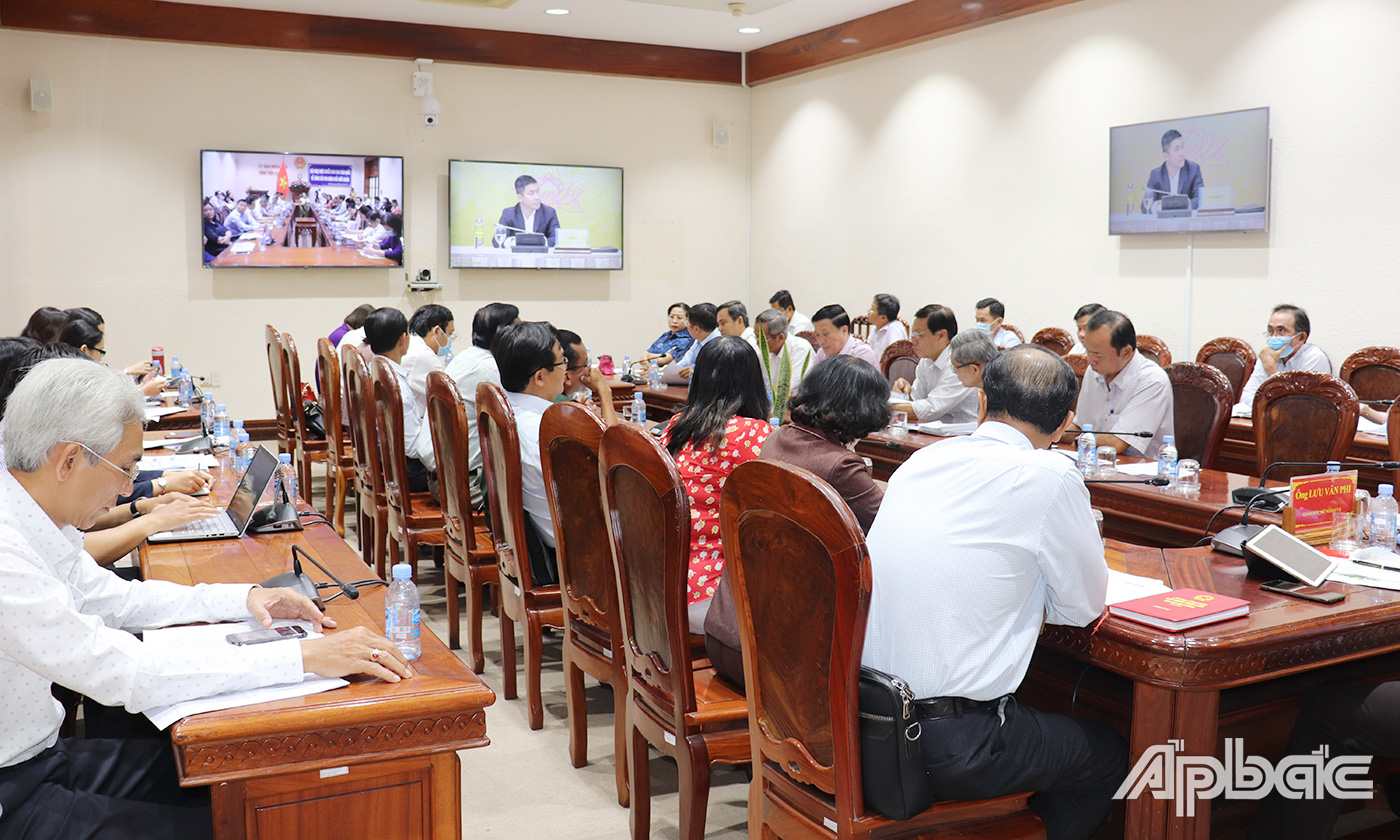 Quang cảnh hội nghị tại điểm cầu tỉnh Tiền Giang.