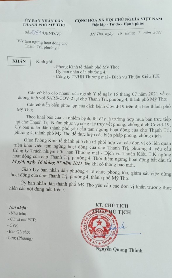 Quyết định khẩn của UBND TP. Mỹ Tho