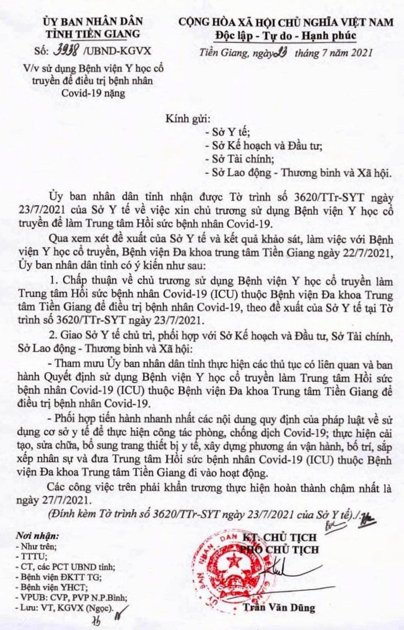 Công văn của UBND tỉnh thống nhất chủ trương sử dụng cơ sở Bệnh viện Y học Cổ truyền làm Trung tâm Hồi sức bệnh nhân Covid-19 