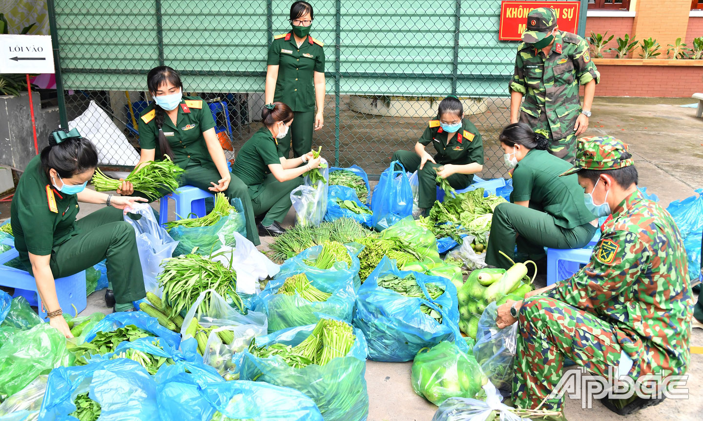 Những phần rau xanh được hội viên phụ nữ chia sẵn trong từng bao cho bà con.