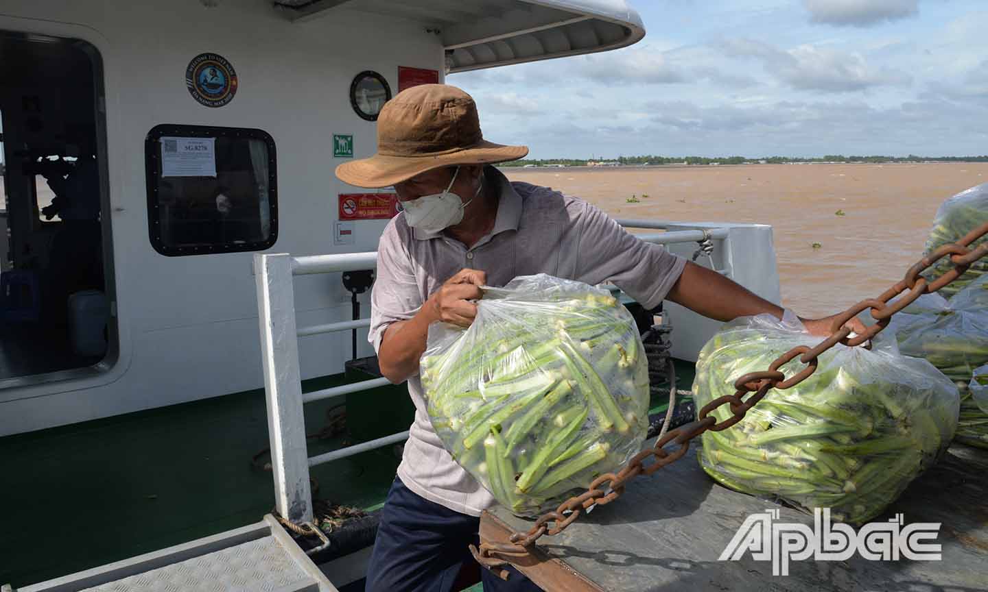 Công nhân chuyển nông sản lên tàu cao tốc.