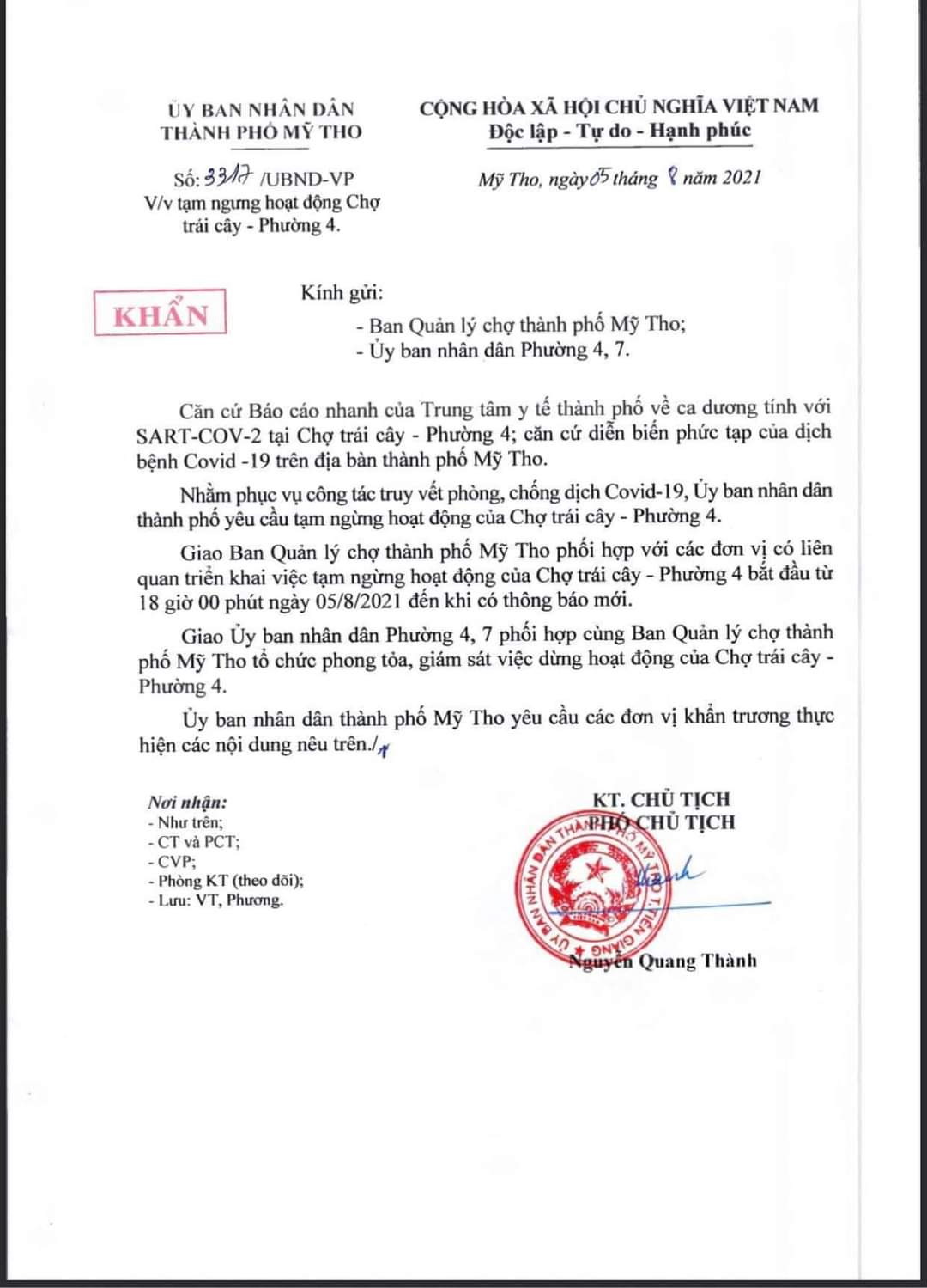 công văn khẩn số 3317 /UBND-VP của UBND TP. Mỹ Tho 