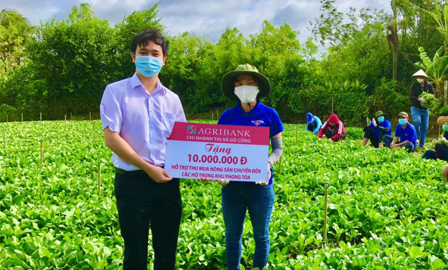 Đại diện Đoàn Thanh niên trao biển tượng trưng cho Đại diện Thị Đoàn tại ruộng rau.