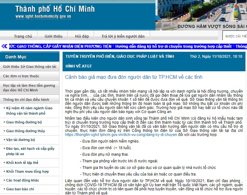 Thông tin cảnh báo trên website của Sở Giao thông Vận tải TP Hồ Chí Minh (ảnh chụp màn hình).