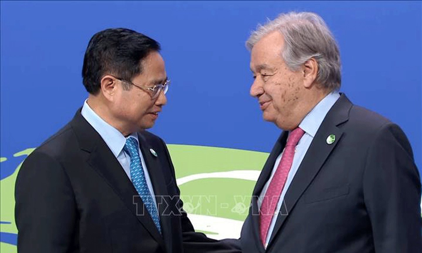 Tổng Thư ký Liên Hợp Quốc Antonio Guterres đón Thủ tướng Phạm Minh Chính dự Hội nghị COP26.