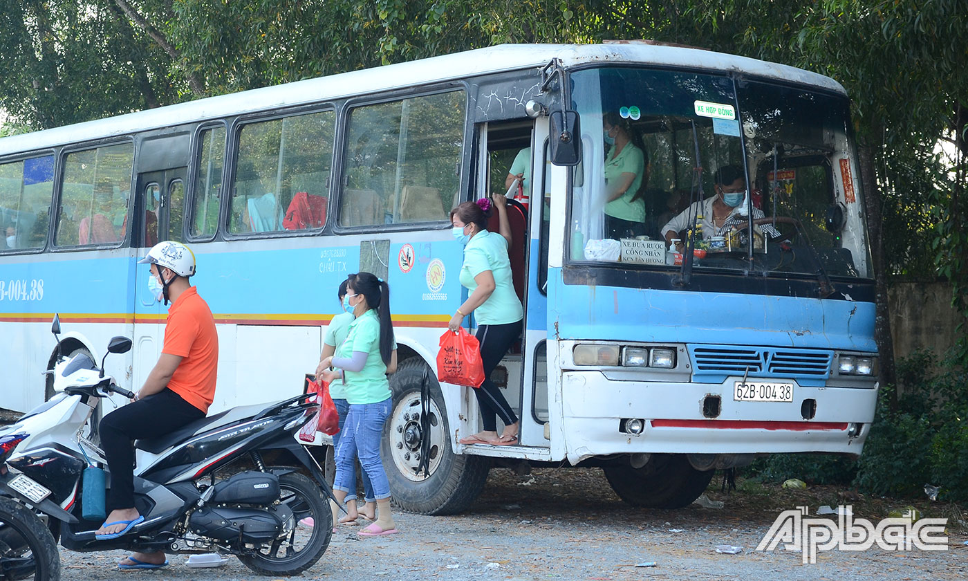 Công nhân được xe đưa rước tập trung đến Khu công nghiệp Tân Hương làm việc.