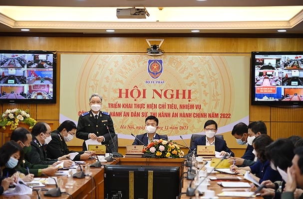 Ông Nguyễn Quang Thái - Tổng cục trưởng Tổng cục Thi hành án dân sự phát biểu tại Hội nghị. Ảnh: TH
