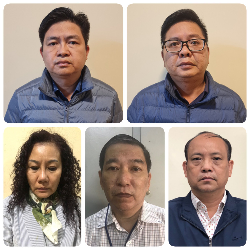 Các bị can từ trái sang phải: Nguyễn Vũ Bảo Hoàng, Nguyễn Ngọc Trường Chinh, Nguyễn Thị Bích Ngọc, Quan Minh Tuấn, Nguyễn Văn Lành. Ảnh: Bộ Công an 