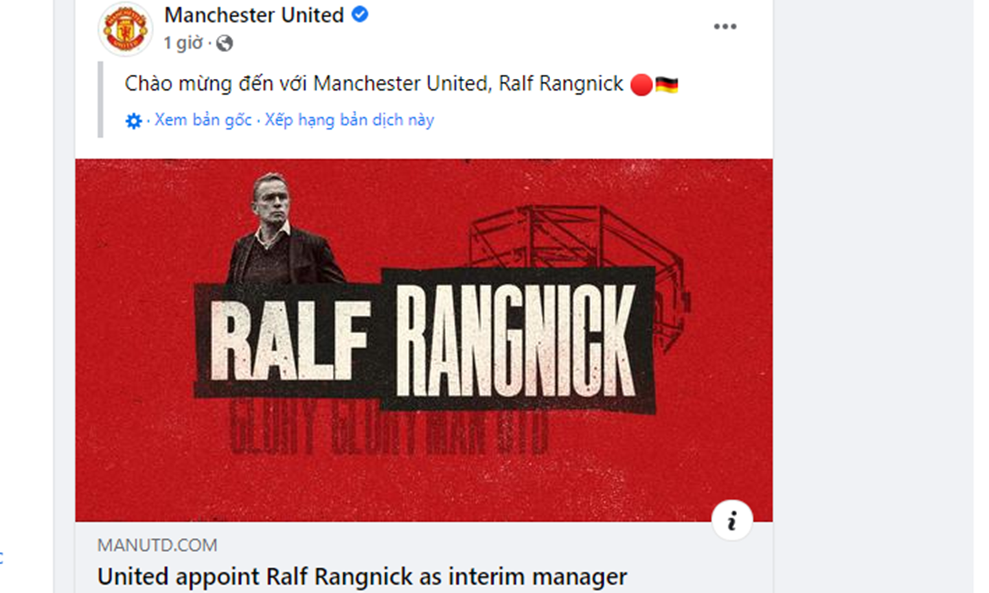 Manchester United đăng thông báo bổ nhiệm HLV Ralf Rangnick trên fanpage chính thức tối 29-11. Ảnh: Chụp màn hình