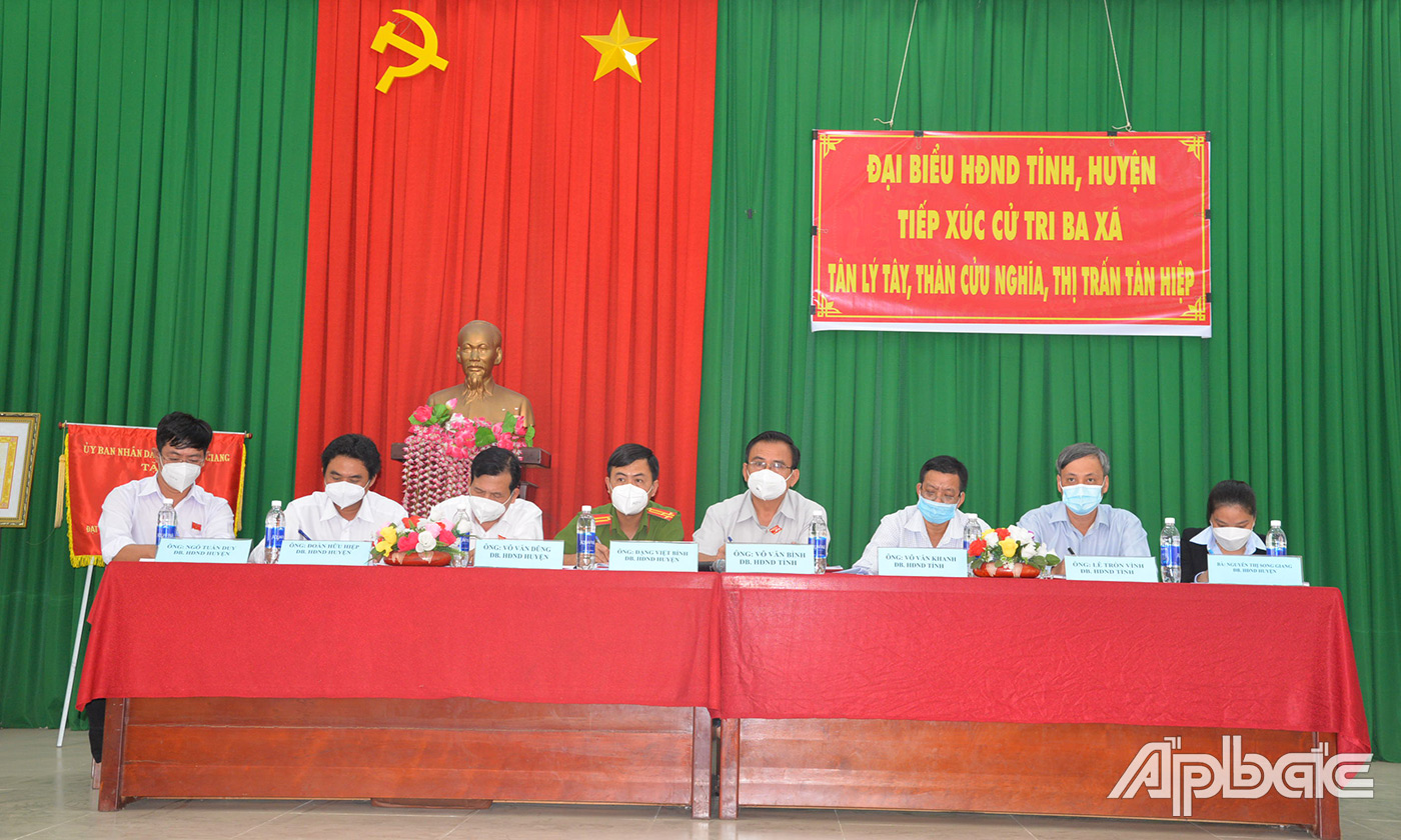 Đại biểu HĐND tỉnh Tiền Giang và huyện Châu Thành nghe ý kiến cử tri phát biểu tại buổi tiếp xúc.